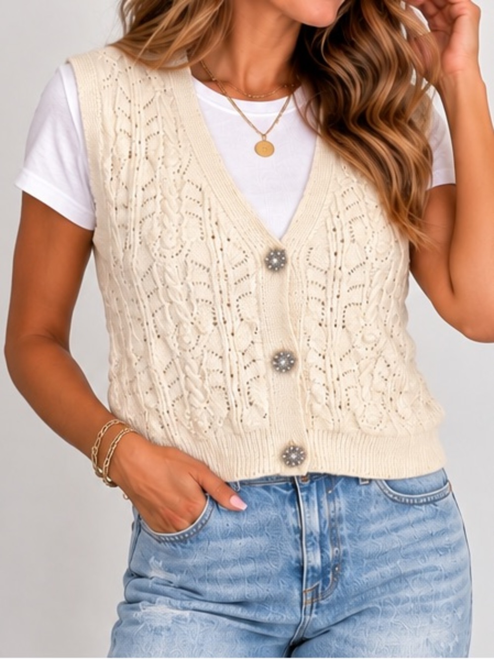 Zara Cable Knit Sweater Vest Rhinestone Buttons Cream Cropped Size Small